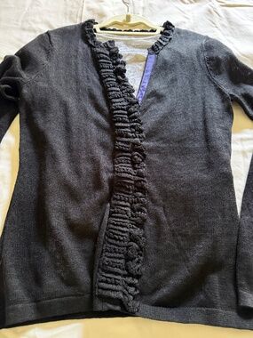 Elie Tahari 100% Linen Black Ruffle Trim Cardigan Sweater